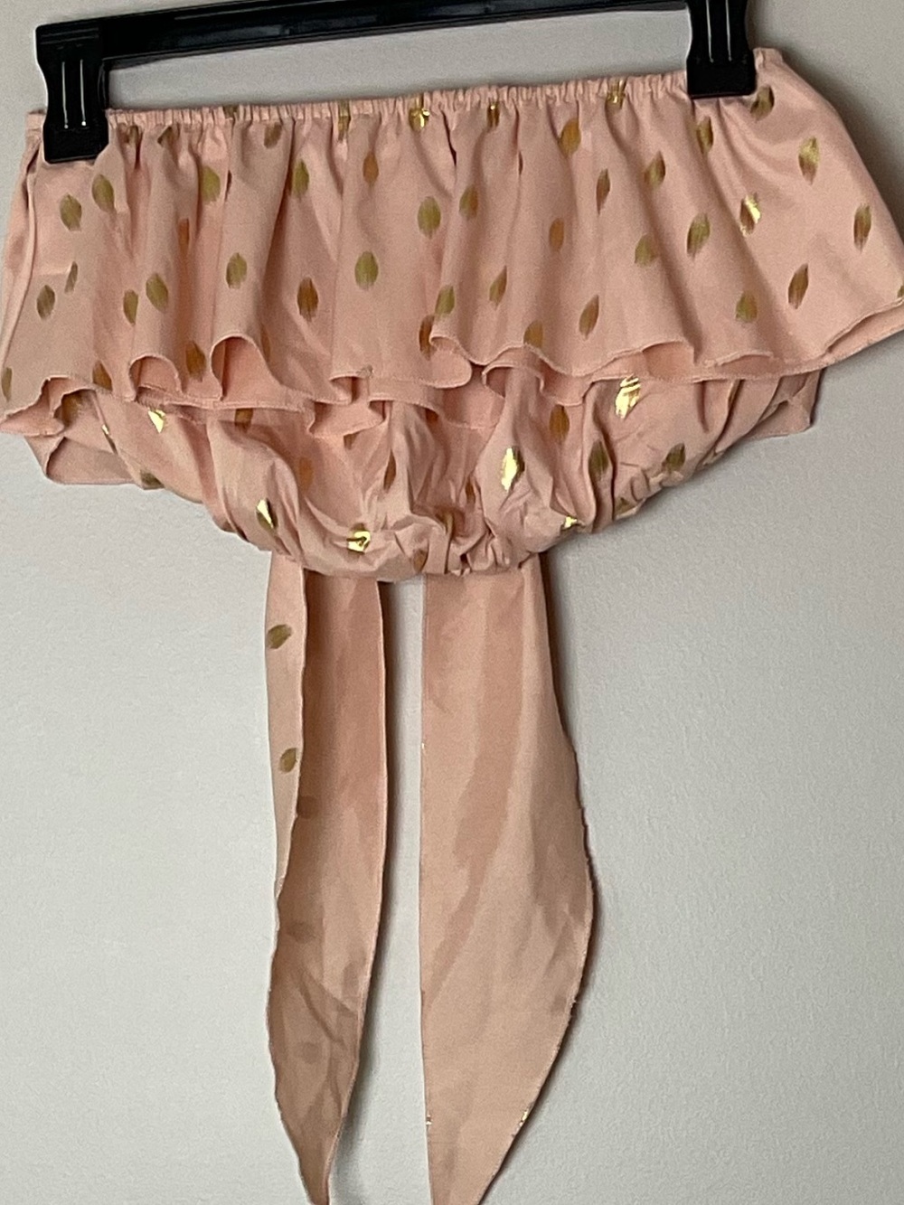 Blush Pink Satin Ruffled Strapless Top Gold Dots Tie Back Concert Festival XS